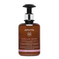 Bottle  of  Apivita  Micellar  Water  Cleaning  by  Apivita,  a  micellar  solution  indicated  for  removing  makeup  and  impurities.