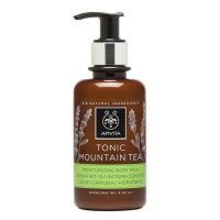 Bottle  of  Apivita  Tonic  Mountain  Tea  Moisturizing  Body  Milk,  a  body  lotion  indicated  for  toning  dull  and  devitalized  skin.