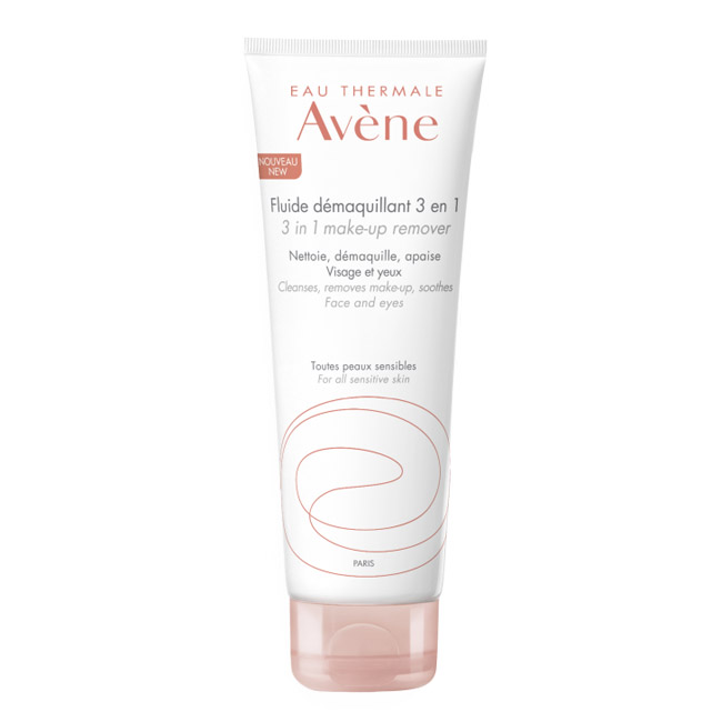 avne3-in-1makeupremoverfluid200ml Bottle of Avène 3-in-1 Makeup Remover Fluid by Avène, a dairy fluid indicated for cleaning and removing makeup from the face.