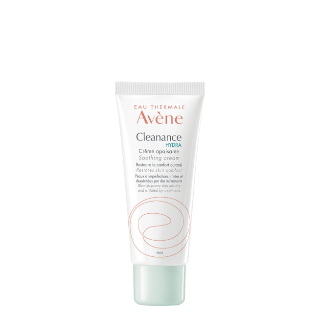 avnecleanancehydrasoothingcream40ml Tube of Avène Cleanance Hydra Soothing Cream by Avène, a moisturizing cream indicated for irritated skin due to acne treatments.