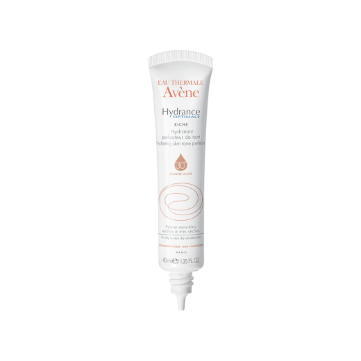 avnehydrancerichcreamwithcolorspf3040ml Tube of Hydrance Optimale Rich Hydrating Skin Tone Perfector by Avène, a color cream indicated for very dry sensitive skin.