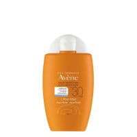 Bottle  of  Avène  Sun  Ultra-Mat  Aqua-Fluid  SPF30  by  Avène,  a  solar  fluid  indicated  for  moisturizing  and  matifying  the  skin.