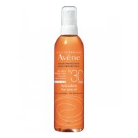 Bottle  of  Sun  Care  Oil  SPF30  by  Avène,  a  sunscreen  oil  indicated  for  high  UV  protection  and  hydration  of  sensitive  skin.