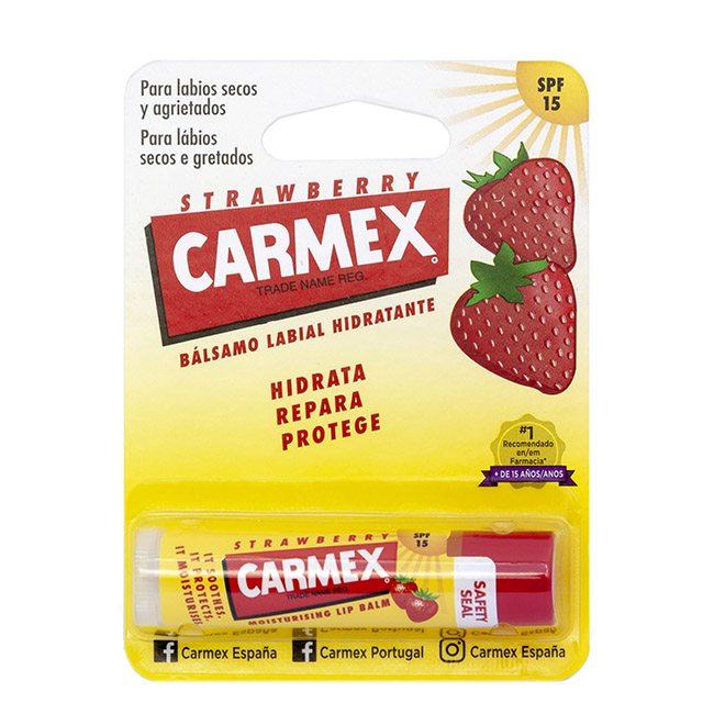 carmexsticklipbalmstrawberryspf15425gr Product container of Carmex Strawberry Lip Balm SPF15 by Carmex, a lip balm indicated for moisturizing dry and chapped lips.