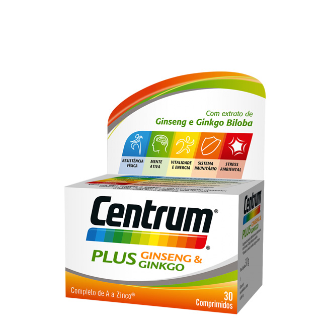 centrumplusginsengginkgomultivitamintablets30unid Box of Centrum Plus Ginseng and Ginkgo Multivitamin by Centrum, a multivitamin indicated for physical and mental performance.