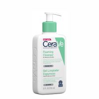 Bottle  of  Cerave  Foaming  Cleanser  by  Cerave,  a  foaming  gel  indicated  for  removing  impurities  and  excess  oil  from  normal  to  oily  skin.