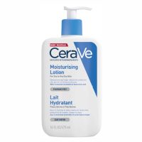 Bottle  of  Cerave  Moisturizing  Lotion  by  Cerave,  a  light  lotion  indicated  for  hydrating  and  restoring  the  skin  barrier.