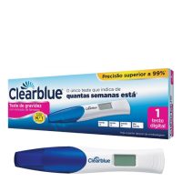 Product  container  of  Clearblue  Pregnancy  Test  Weeks  indicator  by  Clearblue,  a  digital  test  indicated  for  pregnancy  detection.