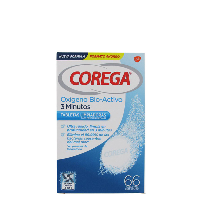 coregaoxygenbio-activecleaningtablets66unid Box of Corega Bioactive Oxygen Cleansing Tablets by Corega, an effervescent tablet indicated for denture hygiene.