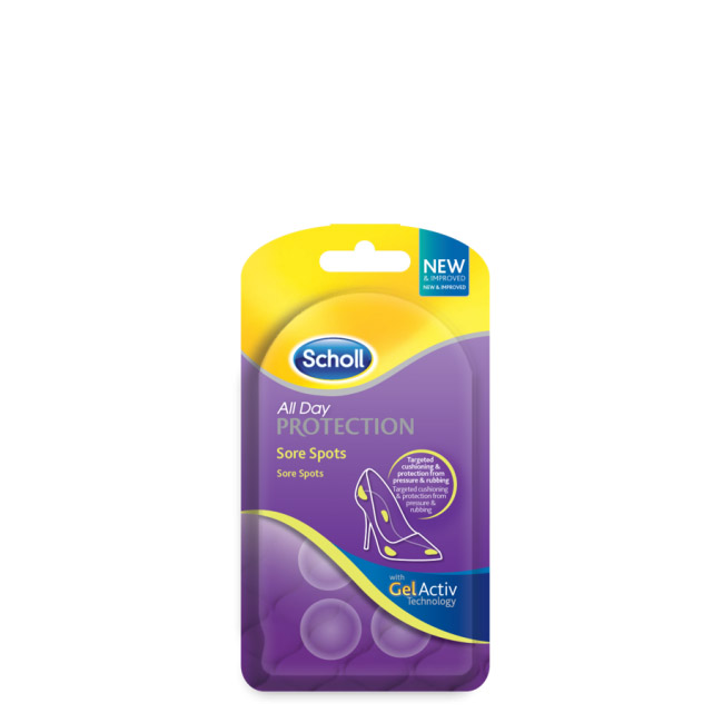 drschollgelactivalldayprotectionsensitivepoints6unid Product container of Gelactiv All Day Protection Sore Spots by Dr. Scholl, a gel protector indicated for sensitive foot areas.