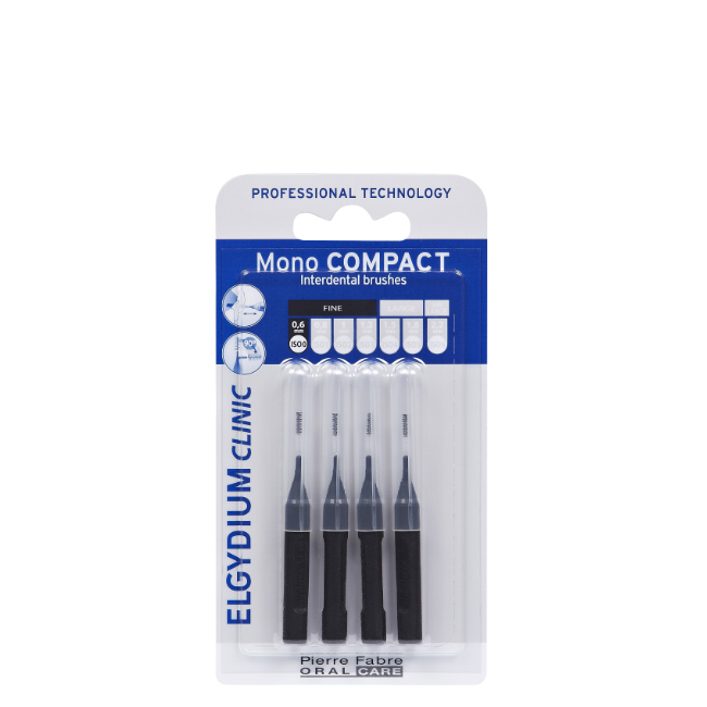 elgydiumclinicbrushesmonocompactblack4un Box of Elgydium Clinic Mono Compact Interdental Brushes Black by Elgydium, brushes indicated for cleaning narrow interdental spaces.