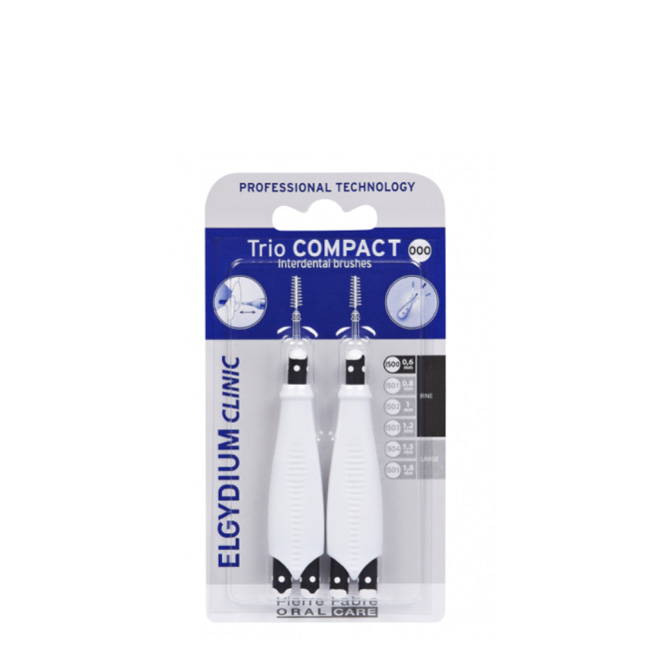 elgydiumclinicbrushestriocompactverynarrowspaces6unid Box of Elgydium Clinic Brushes Trio Compact by Elgydium, brushes indicated for removing plaque in very narrow interdental spaces.