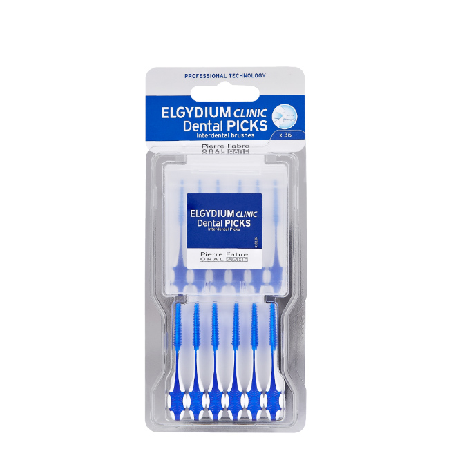 elgydiumclinicdentalpicksbrush36unid Box of Elgydium Clinic Dental Brush by Elgydium, a dental pick indicated for removing food debris and combating dental plaque.