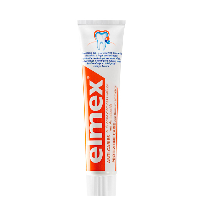 elmexanti-cavitytoothpaste75ml Tube of Elmex Anti-Caries Toothpaste by Elmex, a protective toothpaste indicated for preventing cavities and enamel loss.