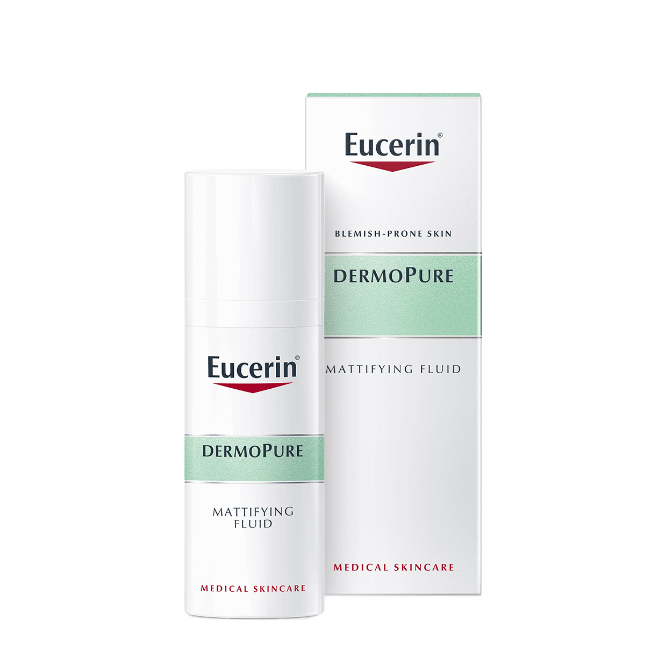 eucerindermopurematifyingfluid50ml Product container of Eucerin Dermopure Mattifying Fluid by Eucerin, a fluid indicated for purifying and mattifying oily skin.