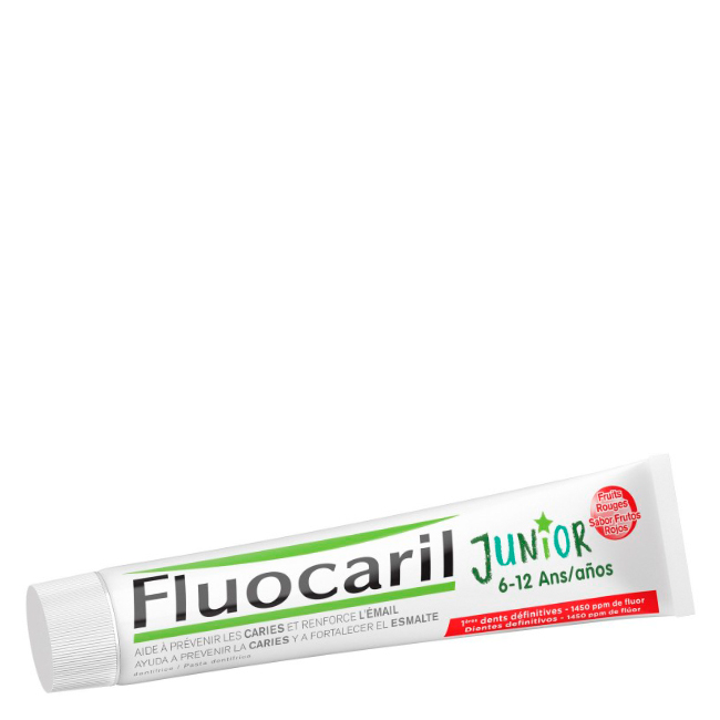 fluocariljuniortoothpasteredfruits75ml Tube of Fluocaril Junior Toothpaste Red Fruits by Fluocaril, a toothpaste indicated for preventing cavities in children.