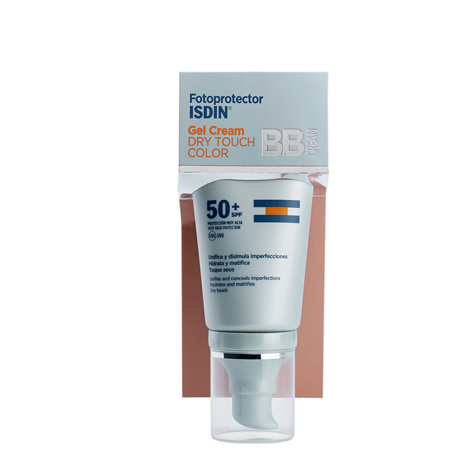 isdinfotoprotectorgelcreamtouchdrywithcolorspf50plus50ml Bottle of Isdin Fotoprotector Gel Cream Touch Dry with Color by Isdin, a colored cream indicated for oily skin protection.
