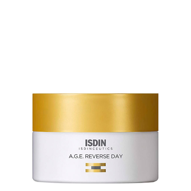 isdinisdinceuticsagereversedayantiagingcream50ml Jar of Isdin Isdinceutics A.G.E. Reverse Day Anti Aging Cream by Isdin, an anti-aging cream indicated for mature skin and face contour.