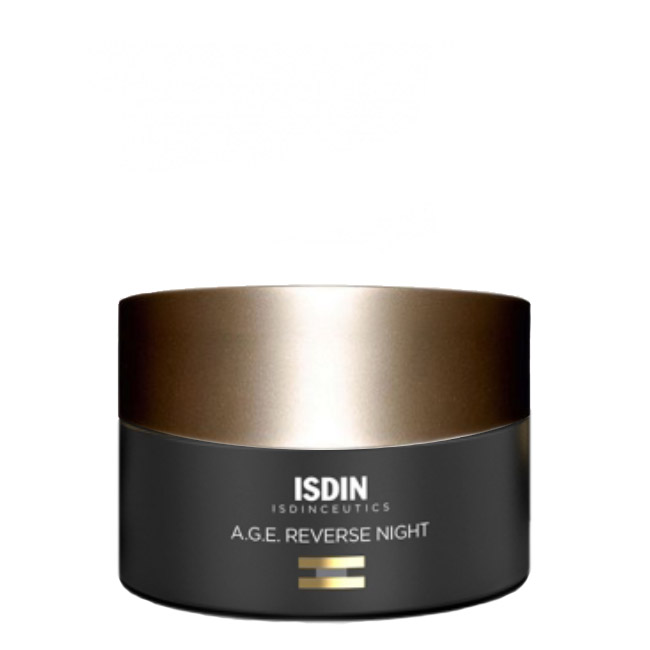 isdinisdinceuticsagereversenightnightcream50ml Jar of ISDIN Isdinceutics A.G.E. Reverse Night Cream by ISDIN, a creamy night cream indicated for mature skin and anti-aging.