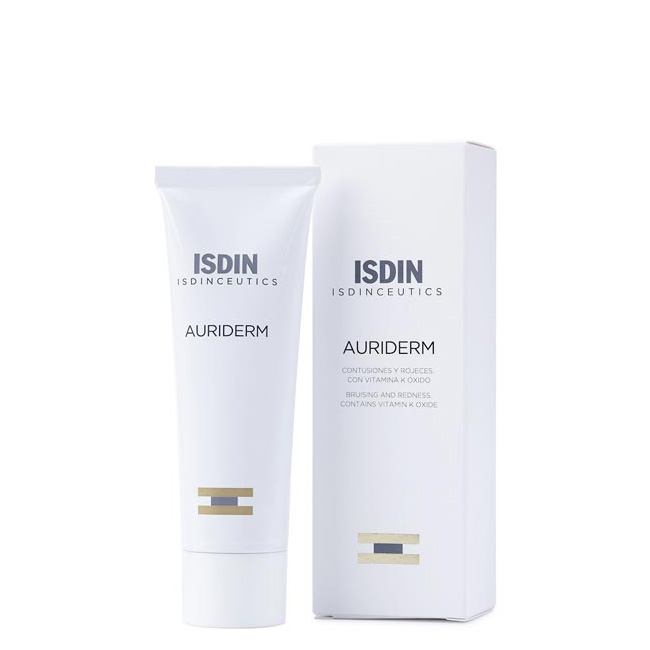 isdinisdinceuticsauridermcream50ml Tube of Isdin Isdinceutics Auriderm Cream by Isdin, a cream indicated for minimizing bruising and redness after treatments.