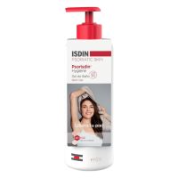 Bottle  of  ISDIN  Psorisdin  Hygiene  Bath  Gel  by  ISDIN,  a  soap-free  shower  gel  indicated  for  hygiene  of  psoriatic  or  scaly  skin.