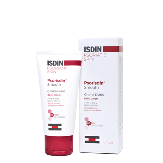 isdinpsorisdinsmoothdailycream50ml Tube of Isdin Psorisdin Smooth Daily Cream by ISDIN, a daily cream indicated for moisturizing and reducing scaly skin with psoriasis.