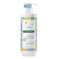 Bottle  of  Klorane  Baby  Cleansing  Lotion  by  Klorane,  a  creamy  milk  indicated  for  dry  to  very  dry  baby  skin.