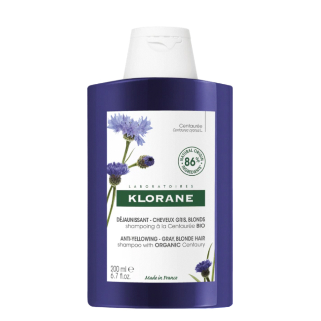 kloranecentaureablueshampoosilverreflexes200ml Bottle of Klorane Shampoo With Centaury by Klorane, a shampoo indicated for gray or white hair to prevent yellowing.