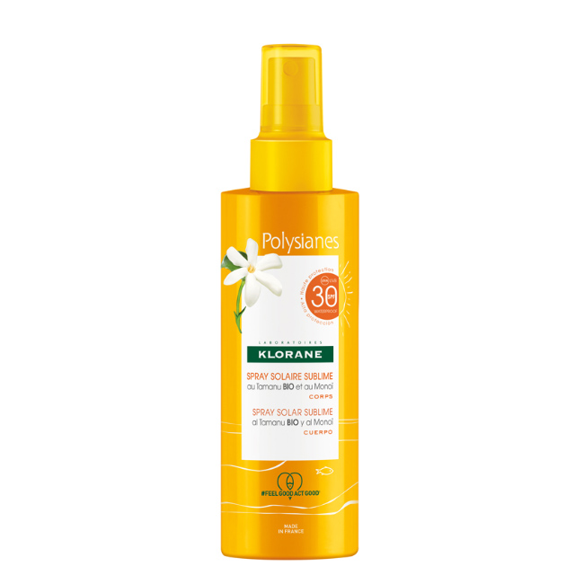 kloranepolysianessolarspf30bodyspray200ml Spray of Klorane Polysianes Sublime Sunscreen Spray SPF30 by Klorane, a sunscreen milk indicated for UVA and UVB protection.