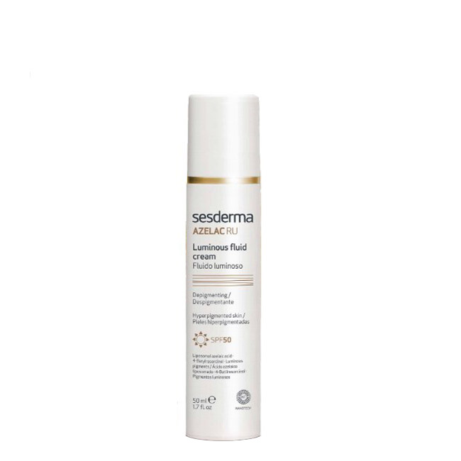 sesdermaazelacruluminousdepigmentingfluid50ml Bottle of Sesderma Azelac RU Lightening Fluid Depigmenting by Sesderma, a fluid indicated for reducing blemishes and brightening skin.