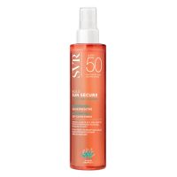 Bottle  of  SVR  Sun  Secure  SPF50  Oil  by  SVR,  a  dry  oil  indicated  for  sun  protection  and  nourishing  the  skin.