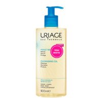 Bottle  of  Uriage  Cleansing  Oil  by  Uriage,  a  gel  oil  indicated  for  cleansing  and  moisturizing  dry  to  sensitive  skin.