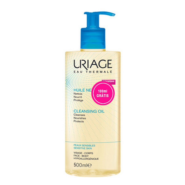 uriagecleaningoil500mlplus100mloffer Bottle of Uriage Cleansing Oil by Uriage, a gel oil indicated for cleansing and moisturizing dry to sensitive skin.
