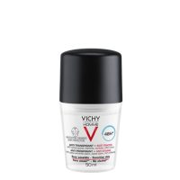 Bottle  of  Vichy  Homme  Anti-Stains  Roll-On  Deodorant  by  Vichy,  a  roll-on  indicated  for  48h  perspiration  regulation  and  stain  protection.