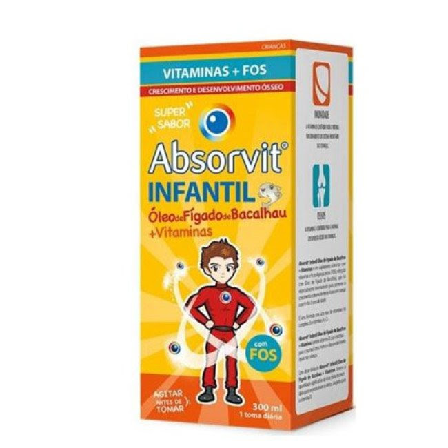 AbsorvitChildrenCodLiverOil+VitaminEmulsion300ml Bottle of Absorvit Infantil Cod Liver Oil by Absorvit, a liquid supplement indicated for cognitive and bone growth.