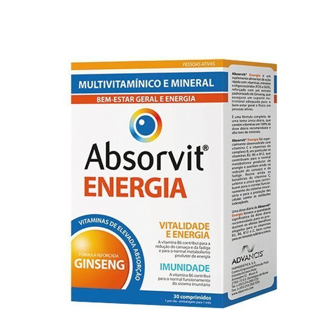 AbsorvitEnergy30Tablets Box of Absorvit Energy Supplement by Absorvit, a multivitamin supplement indicated for energy levels and vitality.