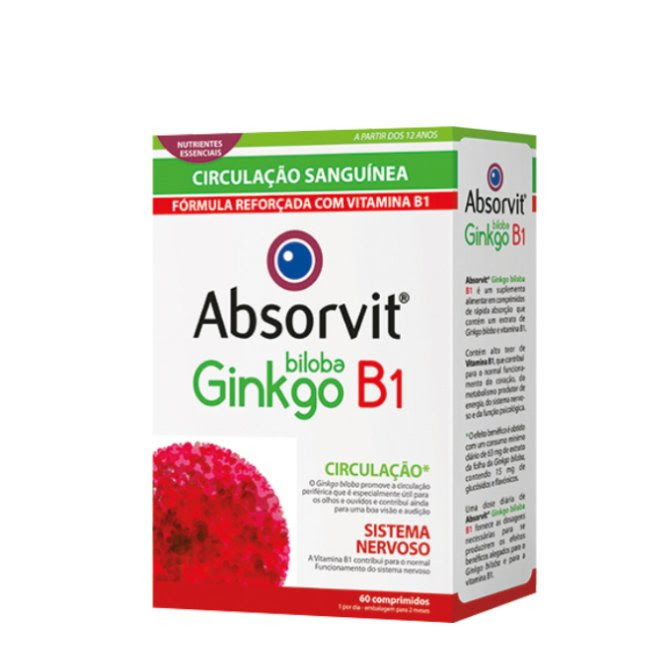 AbsorvitGinkgoB1Tabletsx60 Product container of Absorvit Ginkgo B1 by Absorvit, a tablet supplement indicated for cerebral circulation and brain aging.