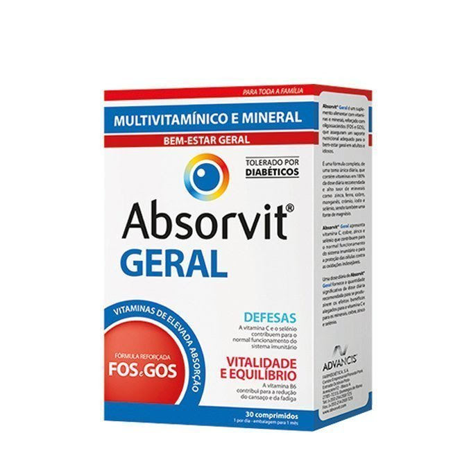 AbsorvitGlobal30Tablets Box of Absorvit Tablets by Absorvit, a multivitamin supplement indicated for improving vitality and body defenses.