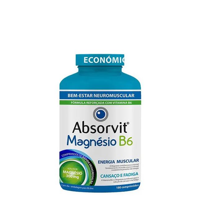 AbsorvitMagnesiumB6Tabletsx180 Product container of Absorvit Magnesium B6 by Absorvit, a tablet supplement indicated for muscle function and nervous system.