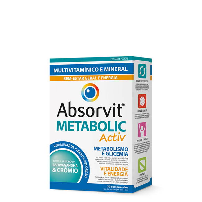 AbsorvitMetabolicActiv30Tablets Product container of Absorvit Metabolic Activ by Absorvit, a tablet supplement indicated for reducing tiredness and fatigue.