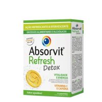 Product  container  of  Absorvit  Refresh  Detox  by  Absorvit,  an  effervescent  tablet  indicated  for  hepatic  detoxification.
