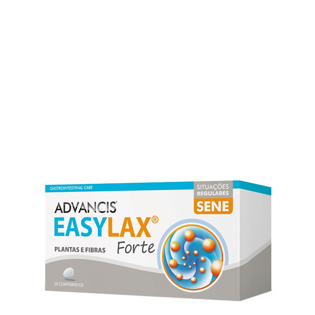 AdvancisEasylaxStrongTabletsx20 Product container of Advancis Easylax Strong by Advancis, a tablet supplement indicated for frequent constipation and bloating.