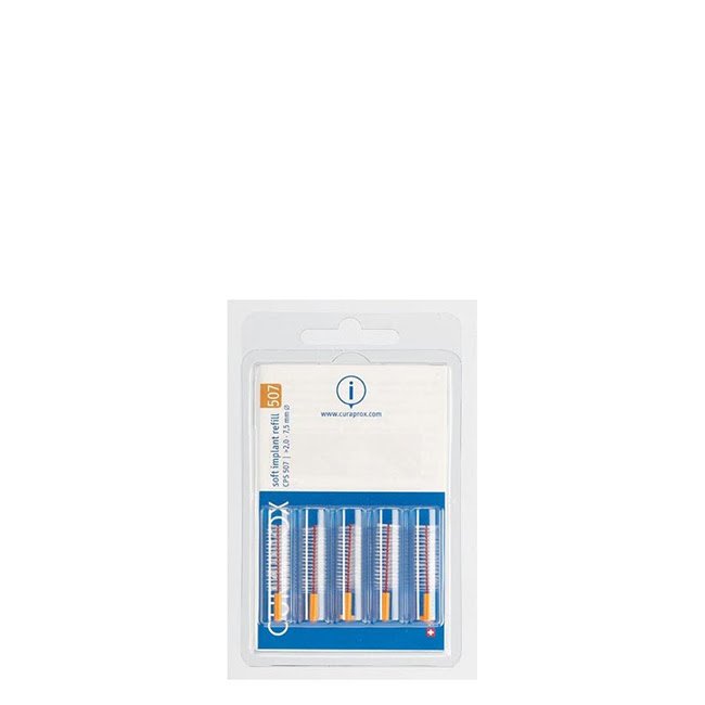 CuraproxCPSImplant507InterdentalBrushRefill5un Box of Curaprox CPS Implant 507 Interdental Brush Refill by Curaprox, a brush indicated for cleaning around dental implants.