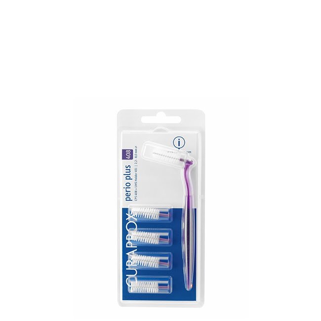 CuraproxCPSPerioPlus408InterdentalBrush+Handle5un Box of Curaprox CPS Perio Plus 408 Interdental Brush by Curaprox, a brush indicated for cleaning larger interdental spaces.