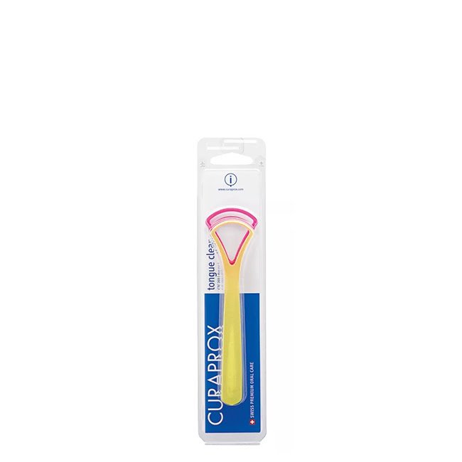 CuraproxCTS203DuoTongueCleaner Product container of Curaprox CTS 203 Duo Tongue Cleaner by Curaprox, a scraper indicated for removing tongue plaque and bad breath.