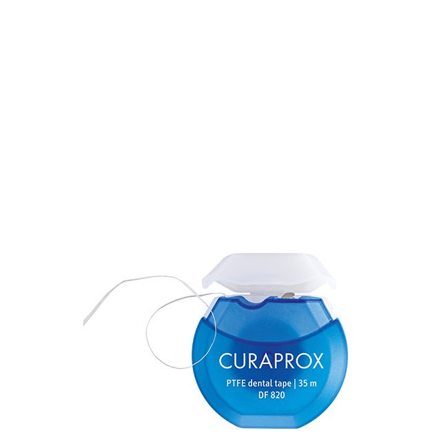 CuraproxDF820PTFEDentalFloss-35m Product container of Curaprox DF 820 PTFE Dental Floss - 35 m by Curaprox, a dental floss indicated for interdental cleaning.