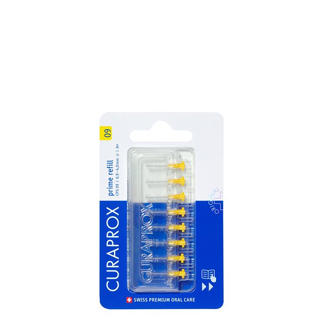 CuraproxPrimePlusCPS09InterdentalBrushRefill8un Box of Curaprox Prime Plus CPS 09 Interdental Brush Refill by Curaprox, a brush indicated for cleaning tight interdental spaces.