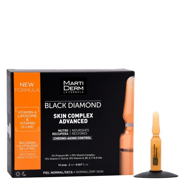 MartidermBlackDiamondSkinComplexAdvancedAmpoules10x2ml Box of Martiderm Black Diamond Skin Complex Advanced by Martiderm, a serum indicated for skin rejuvenation and radiance.