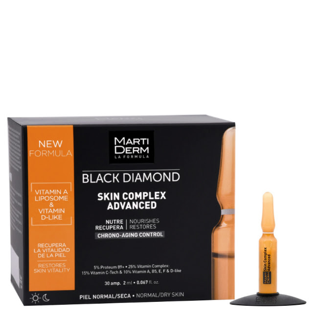 MartidermBlackDiamondSkinComplexAdvancedAmpoules30x2ml Box of Martiderm Black Diamond Skin Complex Advanced Ampoules by Martiderm, a serum indicated for skin rejuvenation.