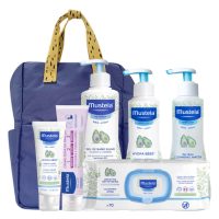 Product  container  of  Mustela  Baby  Blue  Maternity  Bag  by  Mustela,  a  baby  care  kit  indicated  for  newborn  hygiene  and  skin  hydration.